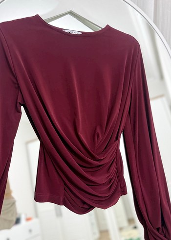 Bordo Drapeli Uzun Kollu Kadın Bluz - Görsel 4