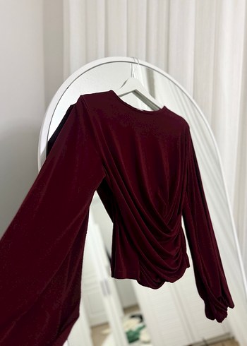 Bordo Drapeli Uzun Kollu Kadın Bluz - Görsel 3