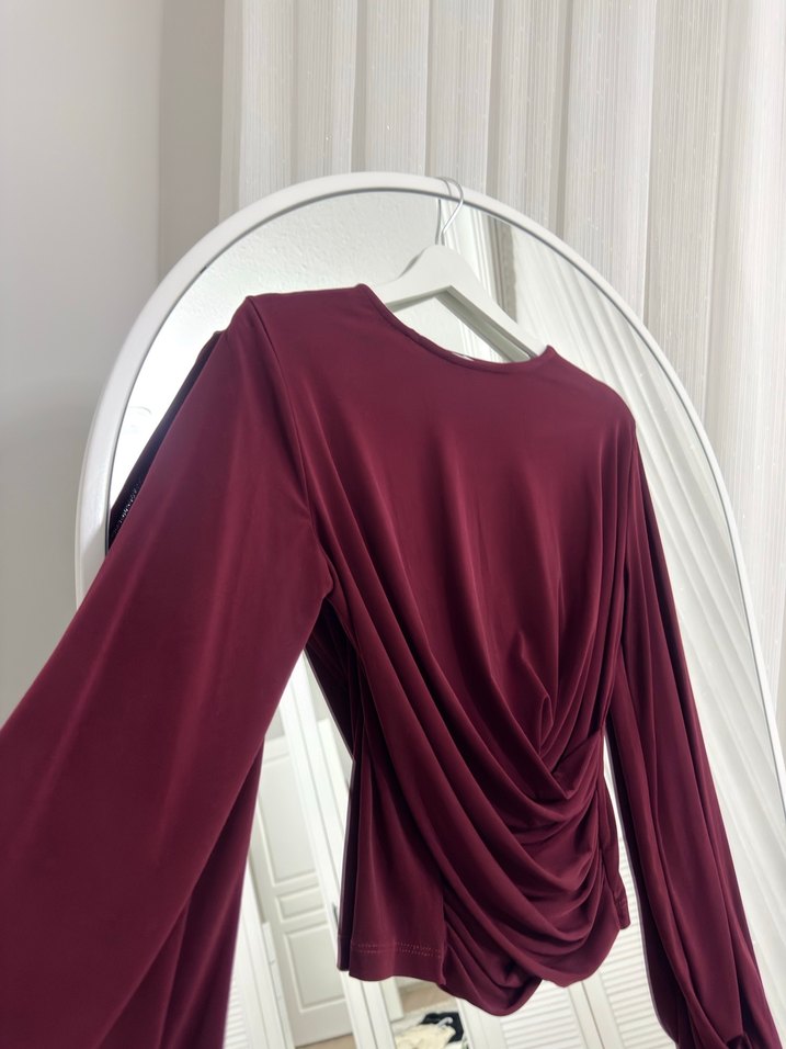 Bordo Drapeli Uzun Kollu Kadın Bluz - Görsel 2