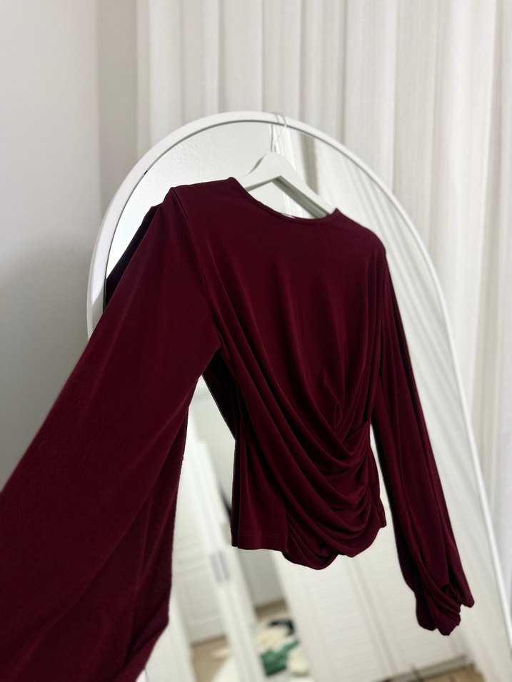 Bordo Drapeli Uzun Kollu Kadın Bluz - Görsel 3