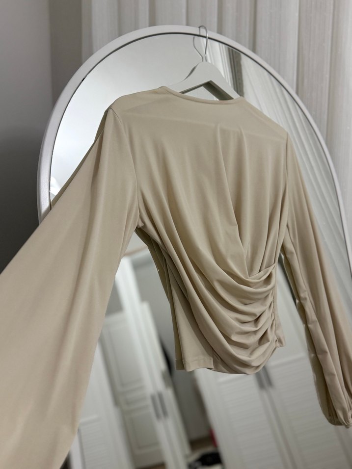 Bej Drapeli Uzun Kollu Kadın Bluz - Görsel 2