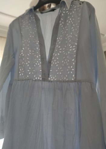 Nakışlı V Yakalı Mavi Elbise - Görsel 4