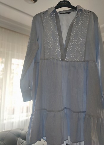 Nakışlı V Yakalı Mavi Elbise - Görsel 5