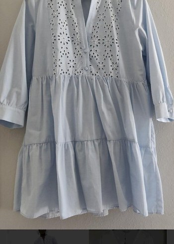 Nakışlı V Yakalı Mavi Elbise - Görsel 2