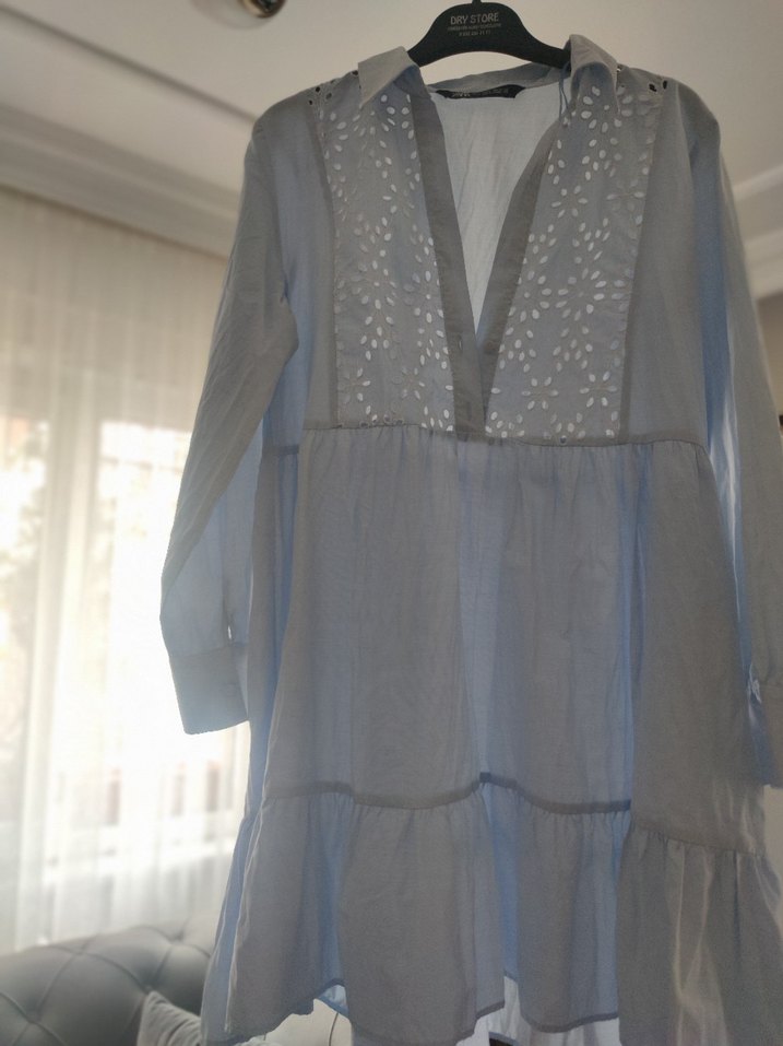 Nakışlı V Yakalı Mavi Elbise - Görsel 5