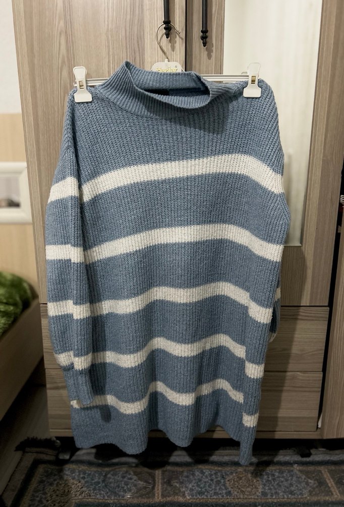 Mavi Çizgili Uzun Kollu Triko Kazak - Görsel 2