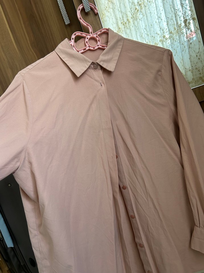 Pembe Keten Düğmeli Uzun Kollu Gömlek - Görsel 2