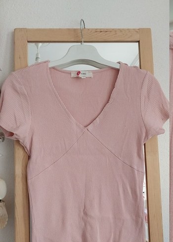 Pembe V Yaka Kısa Kollu bluz