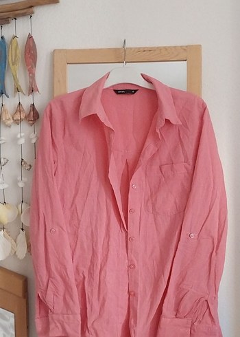 Pembe Keten Kadın Gömlek, Düğmeli, Salaş Kesim