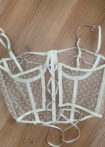 Puantiye Desenli Beyaz Dantelli Strappy Büstiyer - Görsel 2