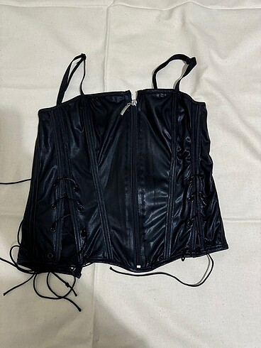 Gotik vintage deri görünümlü likralı büstiyer/korse