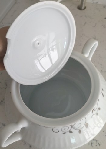 Nakış Desenli Beyaz Porselen büyük boy çorba tenceresi - Görsel 6