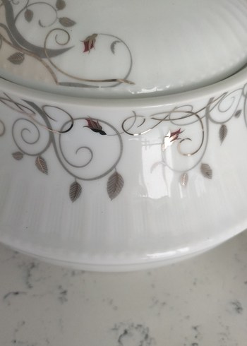 Nakış Desenli Beyaz Porselen büyük boy çorba tenceresi - Görsel 2