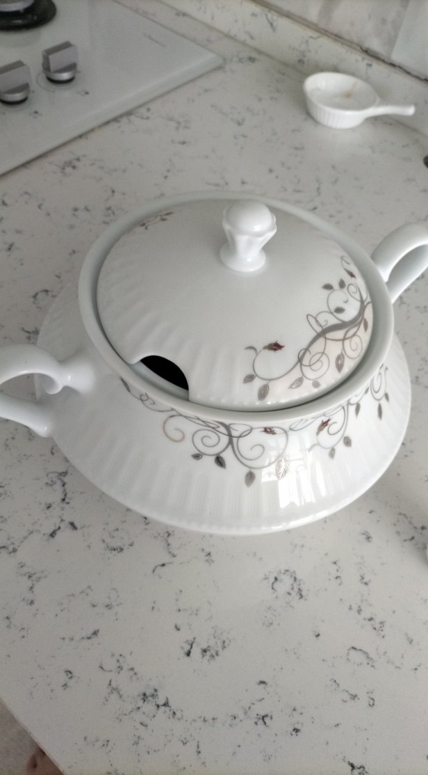 Nakış Desenli Beyaz Porselen büyük boy çorba tenceresi - Görsel 4