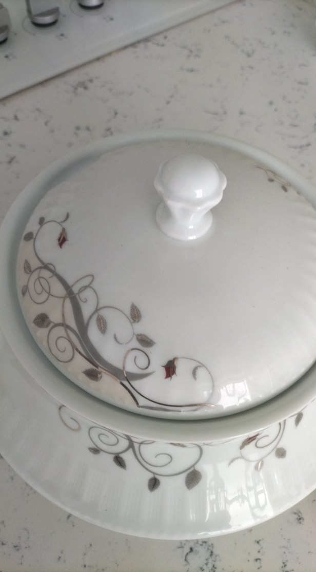 Nakış Desenli Beyaz Porselen büyük boy çorba tenceresi - Görsel 3