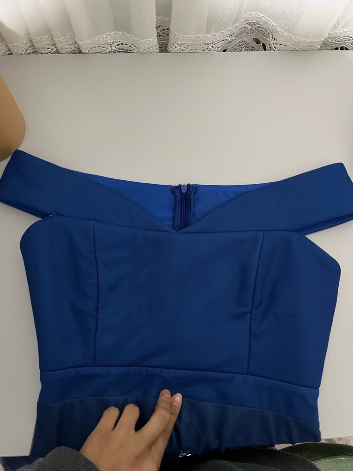 Uzun Lacivert Drapeli Kadın Abiye Elbise - Görsel 2