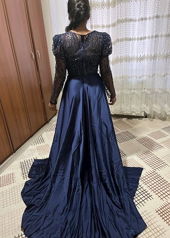 Uzun Lacivert V Yaka Kadın Abiye Elbise - Görsel 2