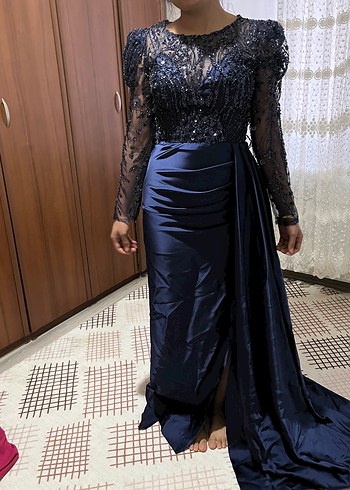 Uzun Lacivert V Yaka Kadın Abiye Elbise - Görsel 3