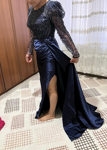 Uzun Lacivert V Yaka Kadın Abiye Elbise - Görsel 4