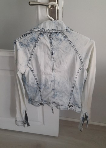 36 Beden beyaz Renk Kadın Bağcıklı Batik Desenli Denim Ceket