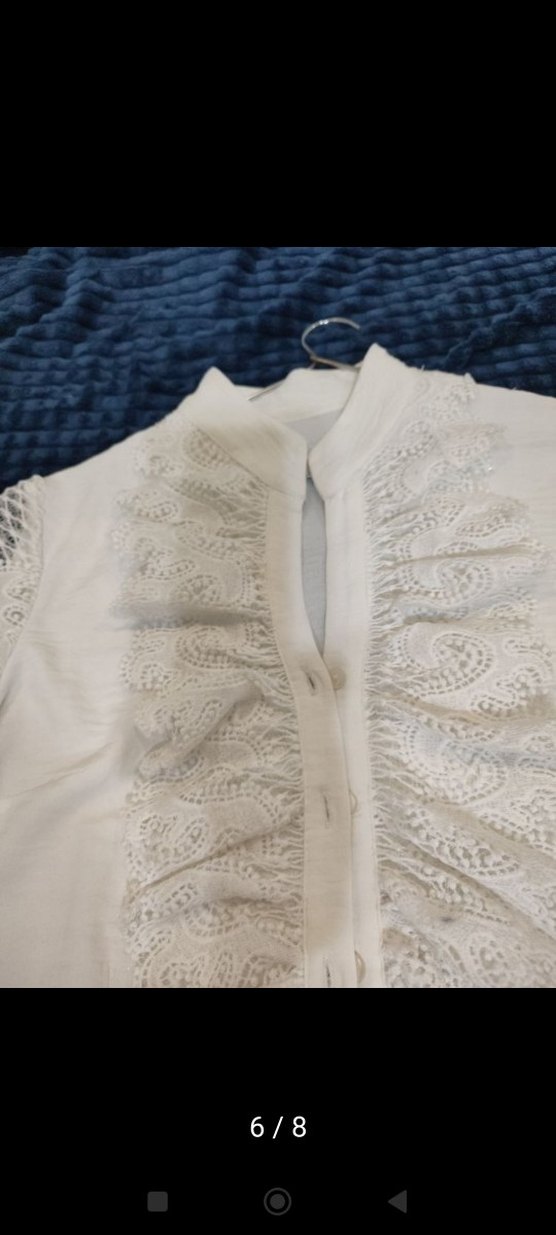 Beyaz Nakışlı Fırfırlı Keten Gömlek - Görsel 5