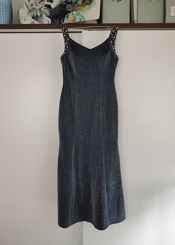 Payetli Gri V Yakalı Uzun Abiye Elbise - Görsel 4