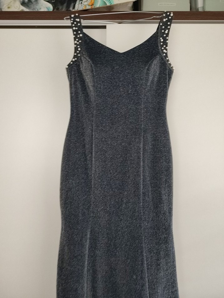 Payetli Gri V Yakalı Uzun Abiye Elbise - Görsel 3