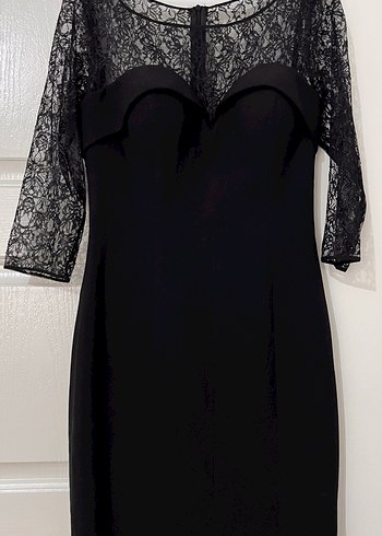 Dantel Detaylı Siyah Uzun Abiye Elbise - Görsel 2
