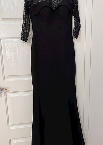 Dantel Detaylı Siyah Uzun Abiye Elbise - Görsel 7