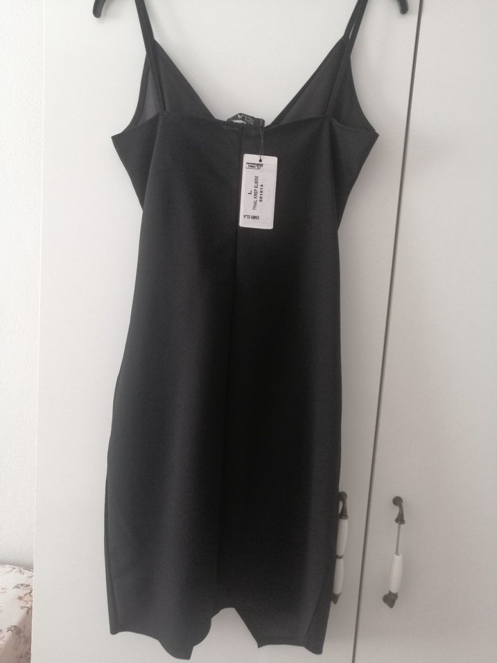 Siyah Drapeli V Yaka Midi Elbise - Görsel 5