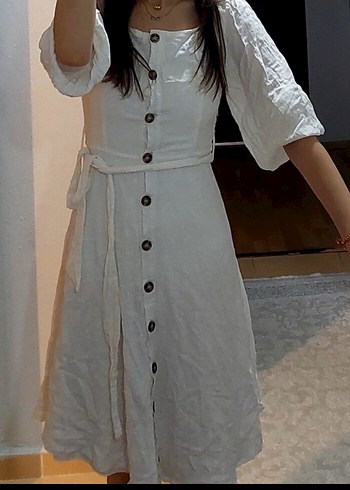 Düğmeli Beyaz Uzun Bohem Elbise - Görsel 5