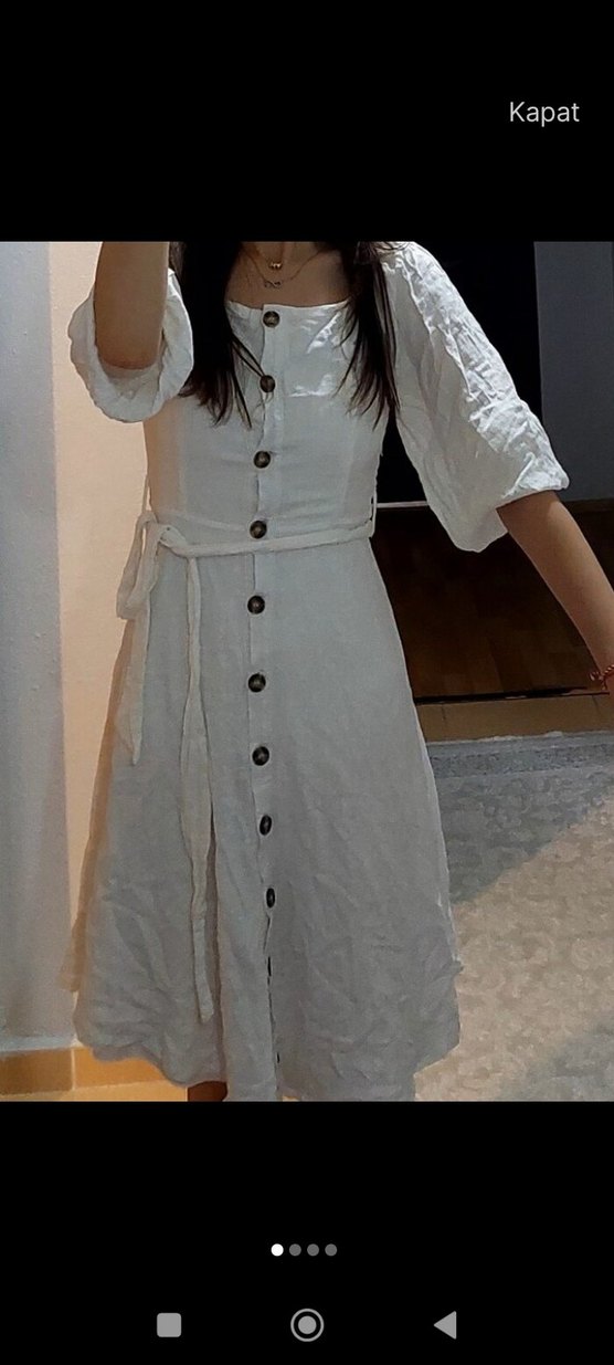 Düğmeli Beyaz Uzun Bohem Elbise - Görsel 5