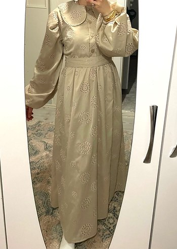 Bej Nakışlı Tesettür Elbise - Görsel 7