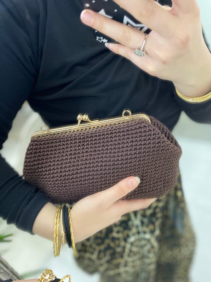 Kahverengi Örgü Kadın Clutch Çanta - Görsel 5