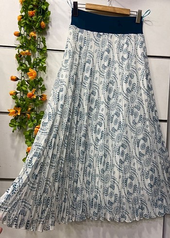 Mavi Gri Bağlamalı Batik Pileli Uzun Etek