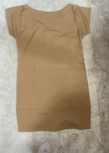 Bej V Yaka Kolsuz Mini likralı Elbise - Görsel 2