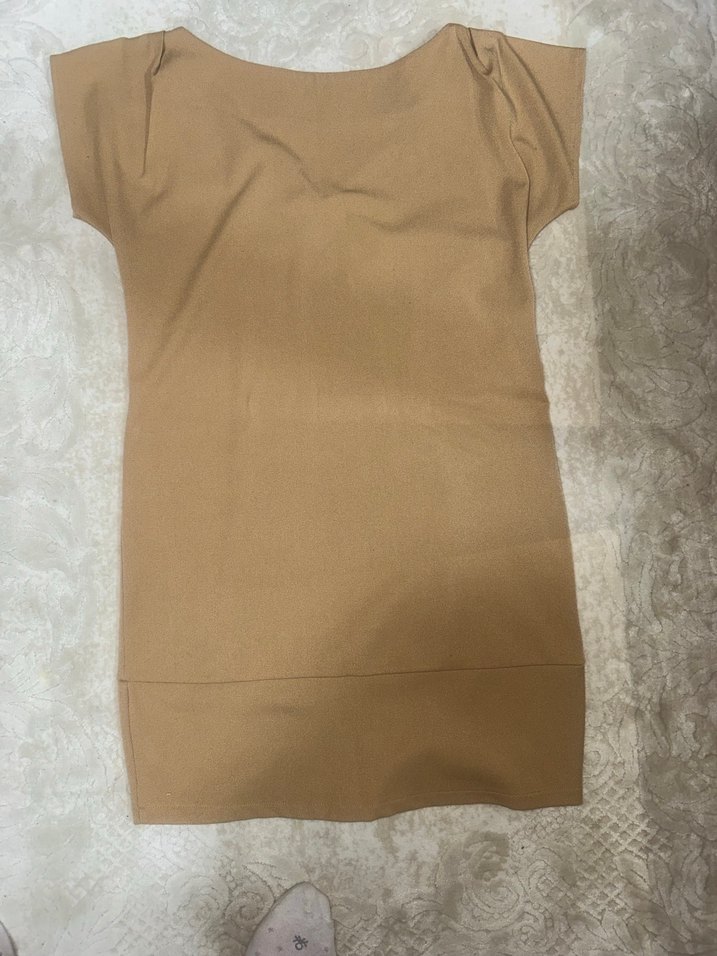 Bej V Yaka Kolsuz Mini likralı Elbise - Görsel 2