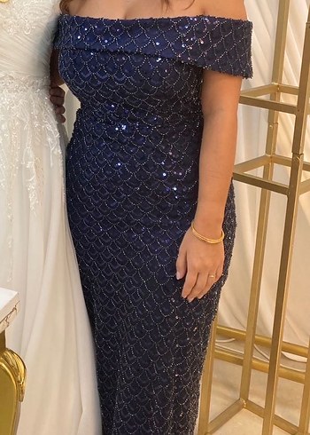 Parlak Lacivert Uzun Drapeli Abiye Elbise - Görsel 2