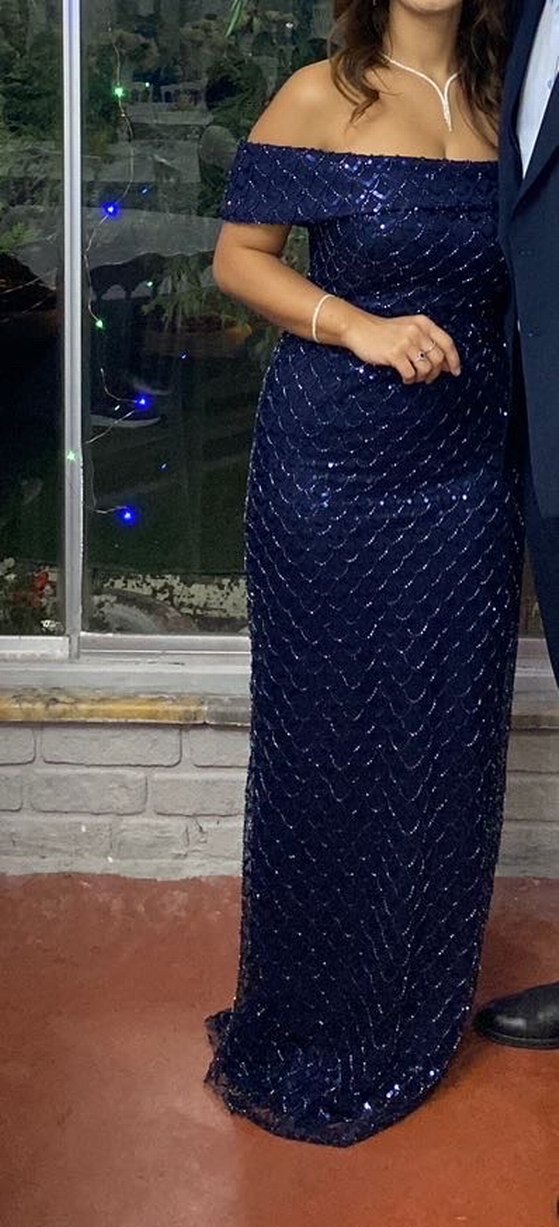 Parlak Lacivert Uzun Drapeli Abiye Elbise - Görsel 3