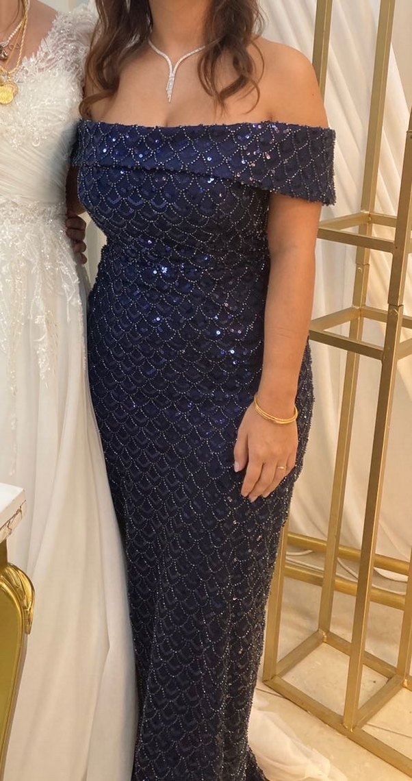 Parlak Lacivert Uzun Drapeli Abiye Elbise - Görsel 2