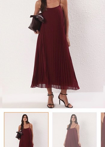 Bordo Pilili Uzun Askılı Elbise - Görsel 2