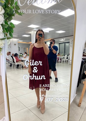 Bordo Pilili Uzun Askılı Elbise - Görsel 4