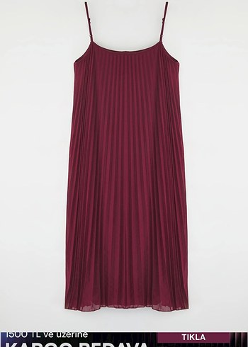 Bordo Pilili Uzun Askılı Elbise - Görsel 3