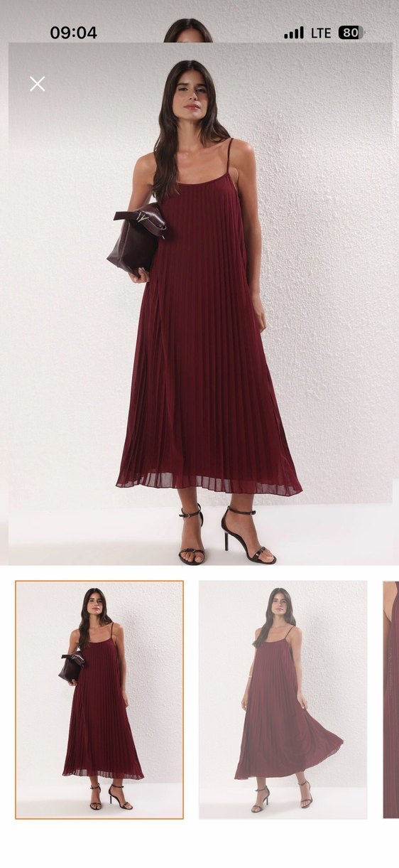 Bordo Pilili Uzun Askılı Elbise - Görsel 2