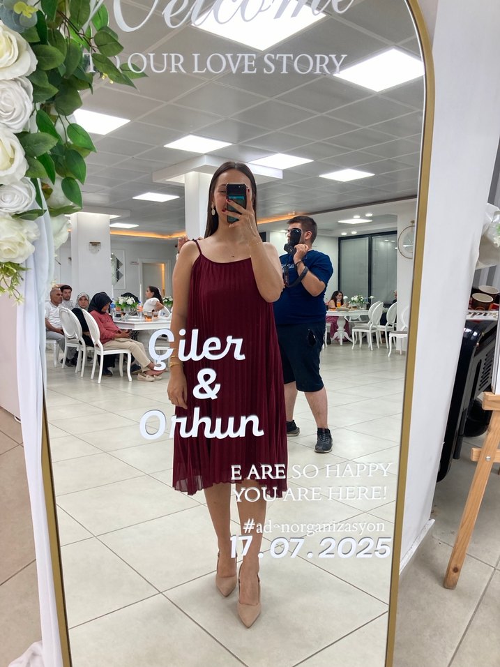 Bordo Pilili Uzun Askılı Elbise - Görsel 4