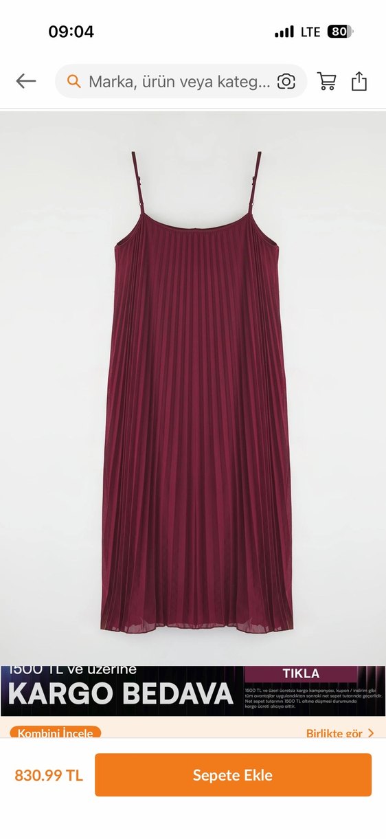 Bordo Pilili Uzun Askılı Elbise - Görsel 3