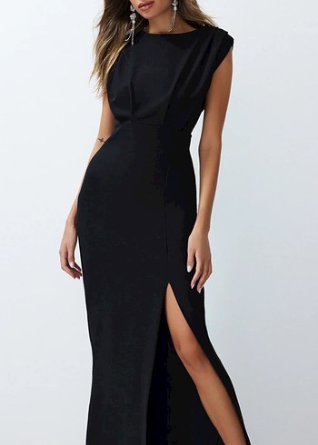 Siyah V Yaka Drapeli Uzun Elbise - Görsel 2