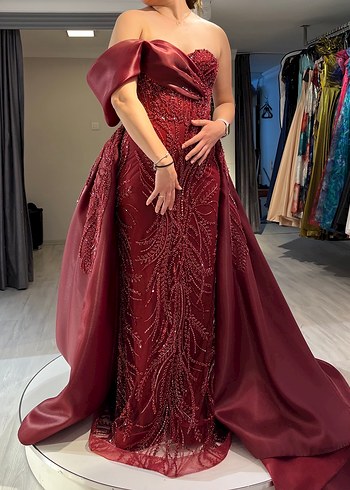 Bordo Drapeli Straplez Uzun Abiye Elbise - Görsel 4