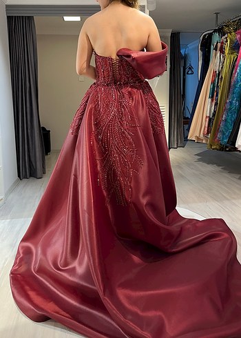 Bordo Drapeli Straplez Uzun Abiye Elbise - Görsel 3