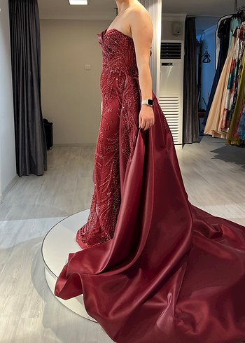 Bordo Drapeli Straplez Uzun Abiye Elbise - Görsel 2